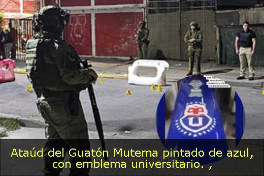 Ataúd del Guatón Mutema pintado de azul, con emblema universitario. 