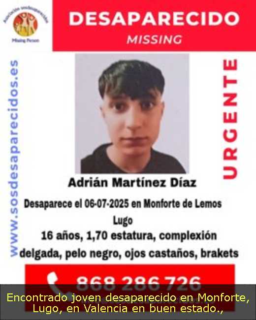 Encontrado joven desaparecido en Monforte, Lugo, en Valencia en buen estado