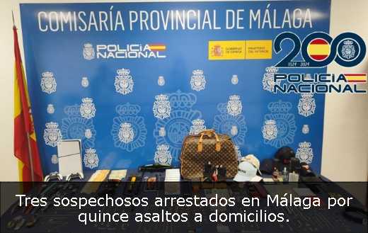 Tres sospechosos arrestados en Málaga por quince asaltos a domicilios