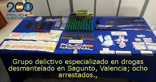 Grupo delictivo especializado en drogas desmantelado en Sagunto, Valencia; ocho arrestados