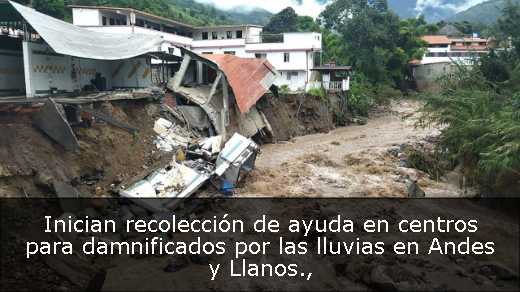 Inician recolección de ayuda en centros para damnificados por las lluvias en Andes y Llanos