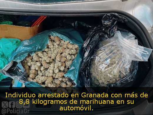 Individuo arrestado en Granada con más de 8,8 kilogramos de marihuana en su automóvil