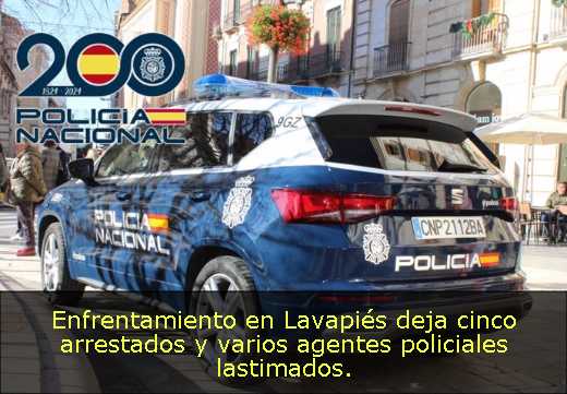 Enfrentamiento en Lavapiés deja cinco arrestados y varios agentes policiales lastimados. 
